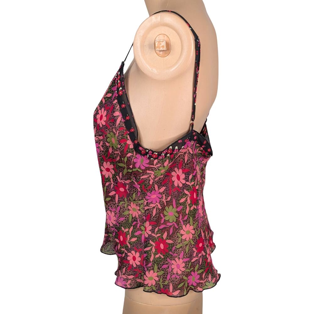 Vintage Y2K Josie Natori Sheer Chiffon Cami L Black Pink Floral Whimsigoth Top - Picture 6 of 8
